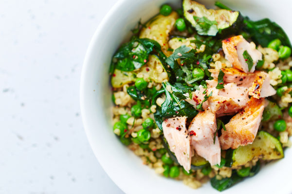 Salmon, Bulgur Wheat and Greens Bowl