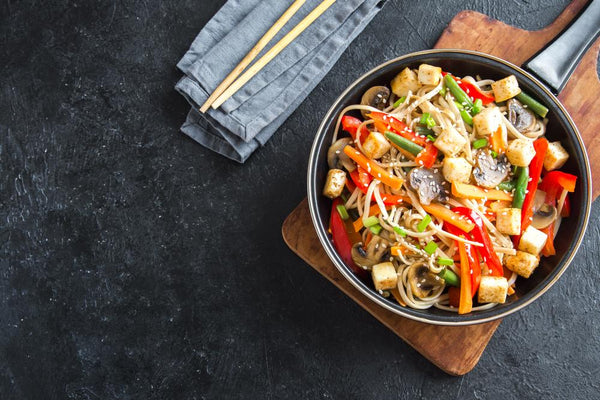 Asian Tofu With Stir-Fried Noodles, Pak Choi & Sugar Snap Peas